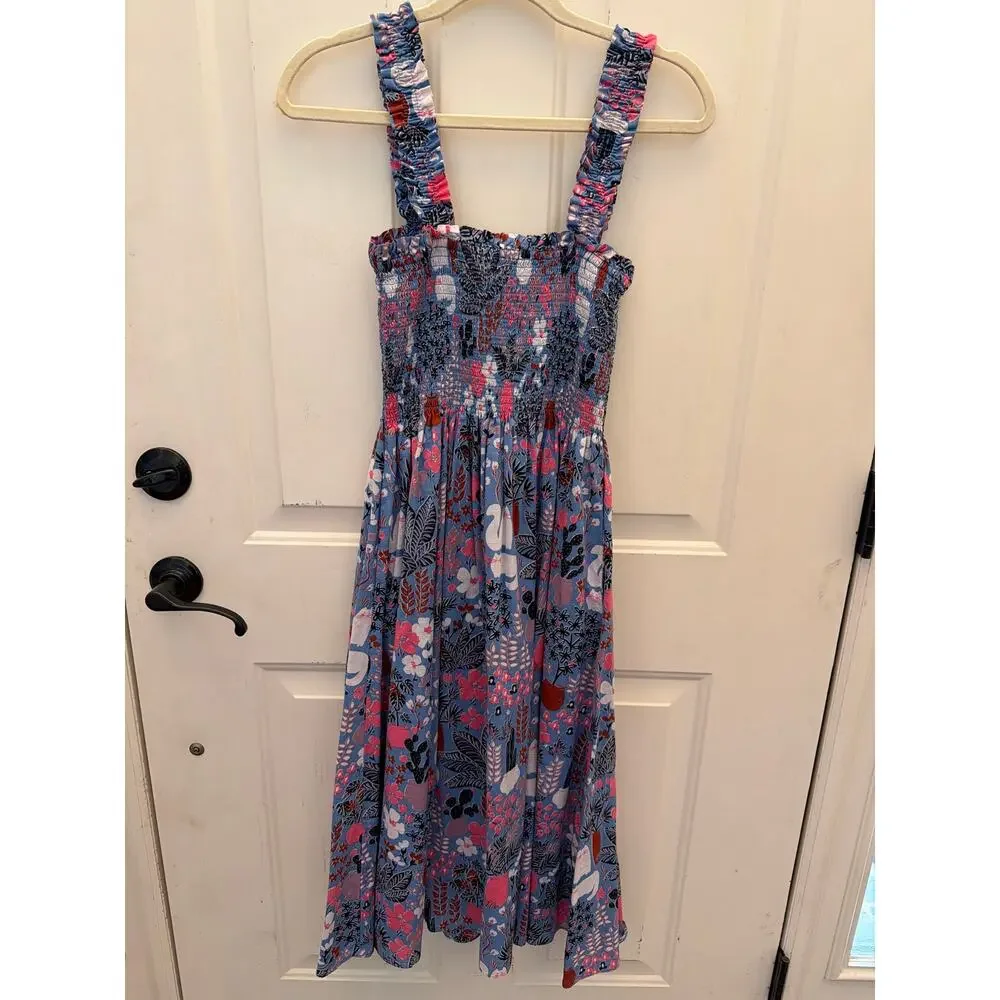 Kate Spade Garden Posy Smocked Midi Dress Women's Size Small Sundress Cactus Cat